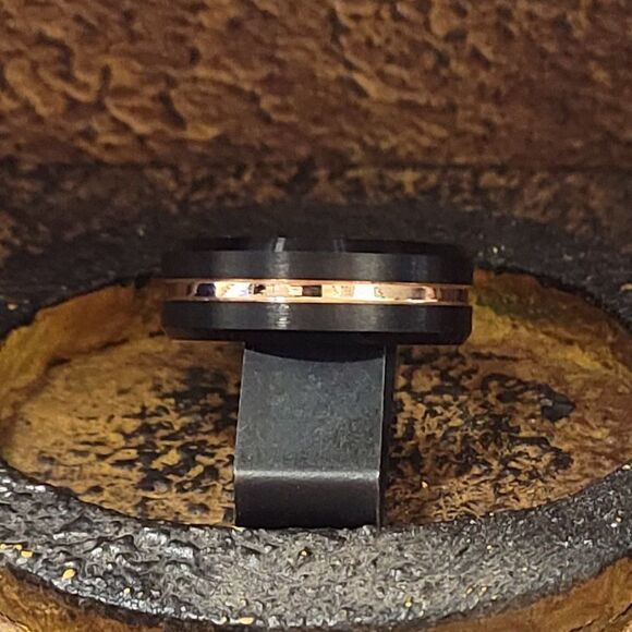 Men's Real Black Tungsten Promise Ring 14K Gold Filled Center Groove Gold Line - Picture 6 of 12